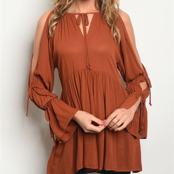 BRICK TUNIC BABY DOLL COLD SHOULDER TOP - Picture 2 of 8